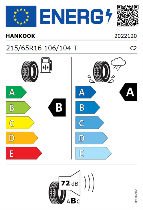 Tyre Label for Hankook Vantra Transit (RA58) 215/65R16 106/104T