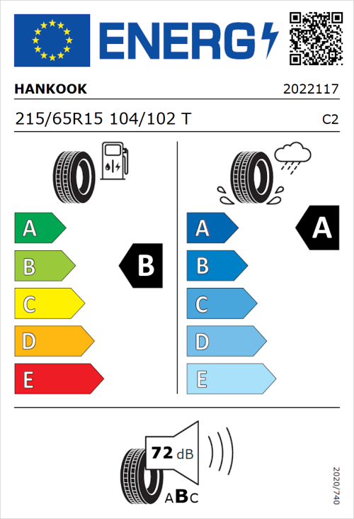 Tyre Label for Hankook Vantra Transit (RA58) 215/65R15 104/102T